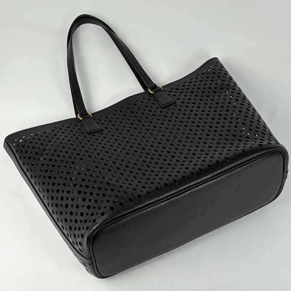 Prada Perforated Leather Handbag Plate Bag Black Nero Logo Tote